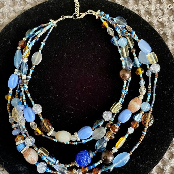 beautiful beaded 5 strand necklace in blues and brown - Picture 4 of 5